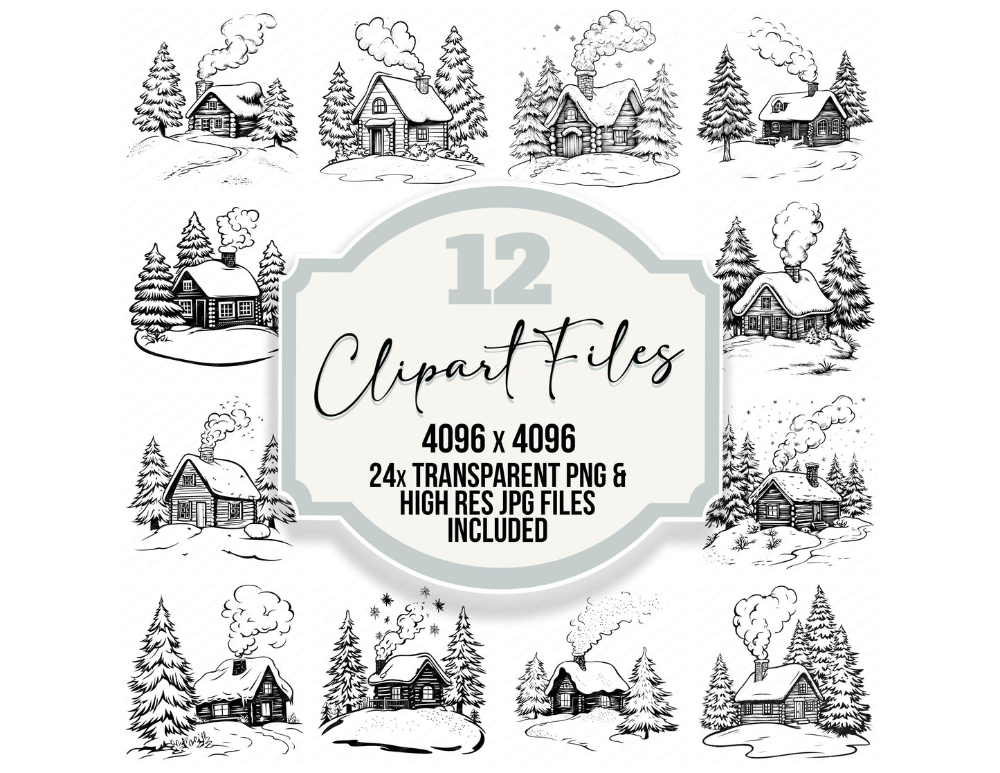 Winter Cabin Colouring Page clipart set with transparent PNGs and high resolution JPGs for crafting and design projects