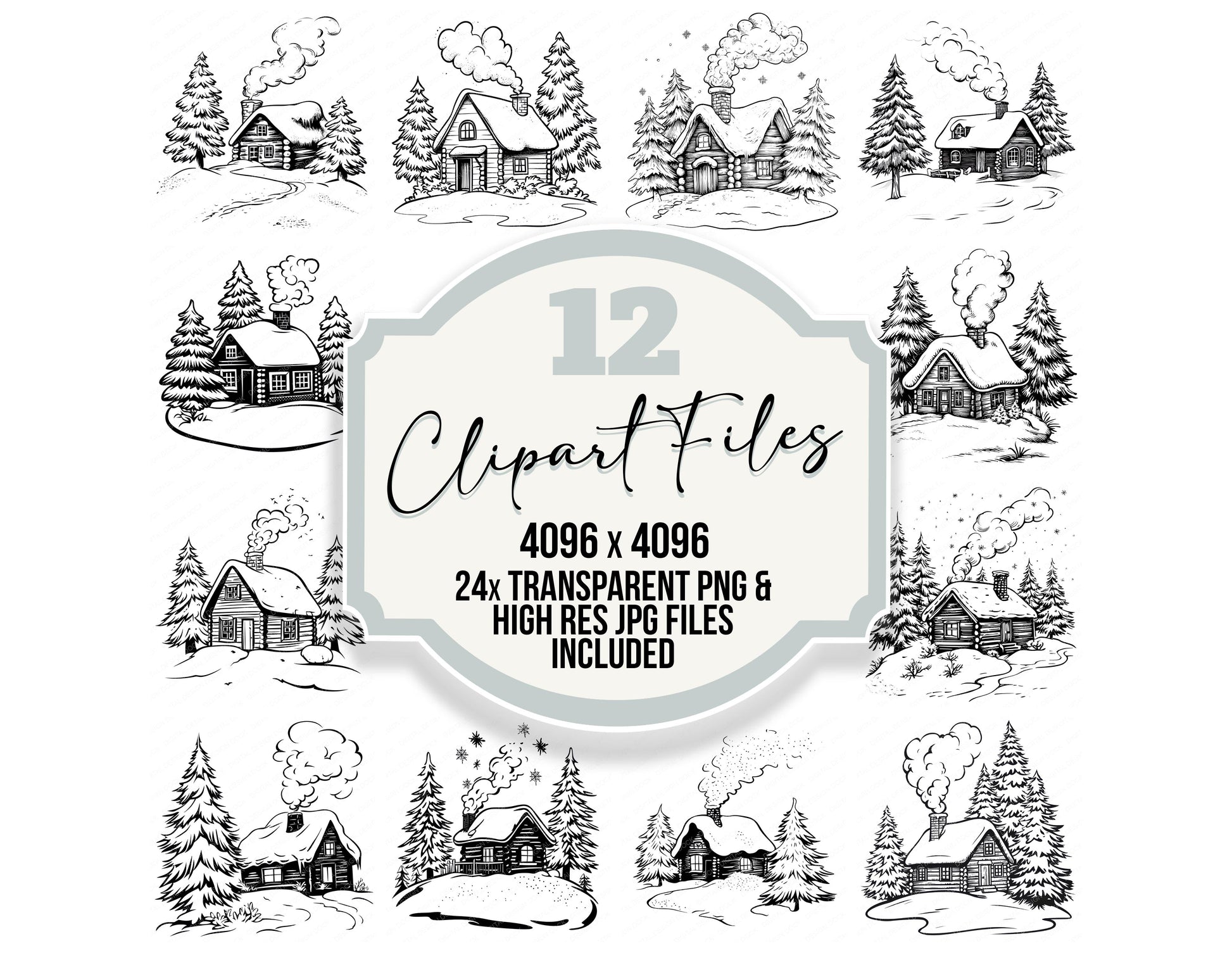 Winter Cabin Colouring Page clipart set with transparent PNGs and high resolution JPGs for crafting and design projects