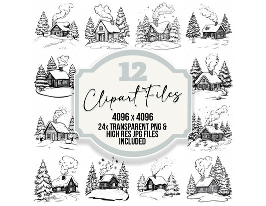 Winter Cabin Colouring Page clipart set with transparent PNGs and high resolution JPGs for crafting and design projects