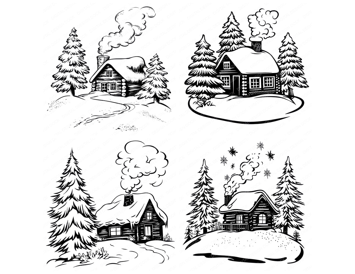 Preview layout showing Winter Cabin Colouring Page clipart elements for scrapbooking, junk journals, and card making