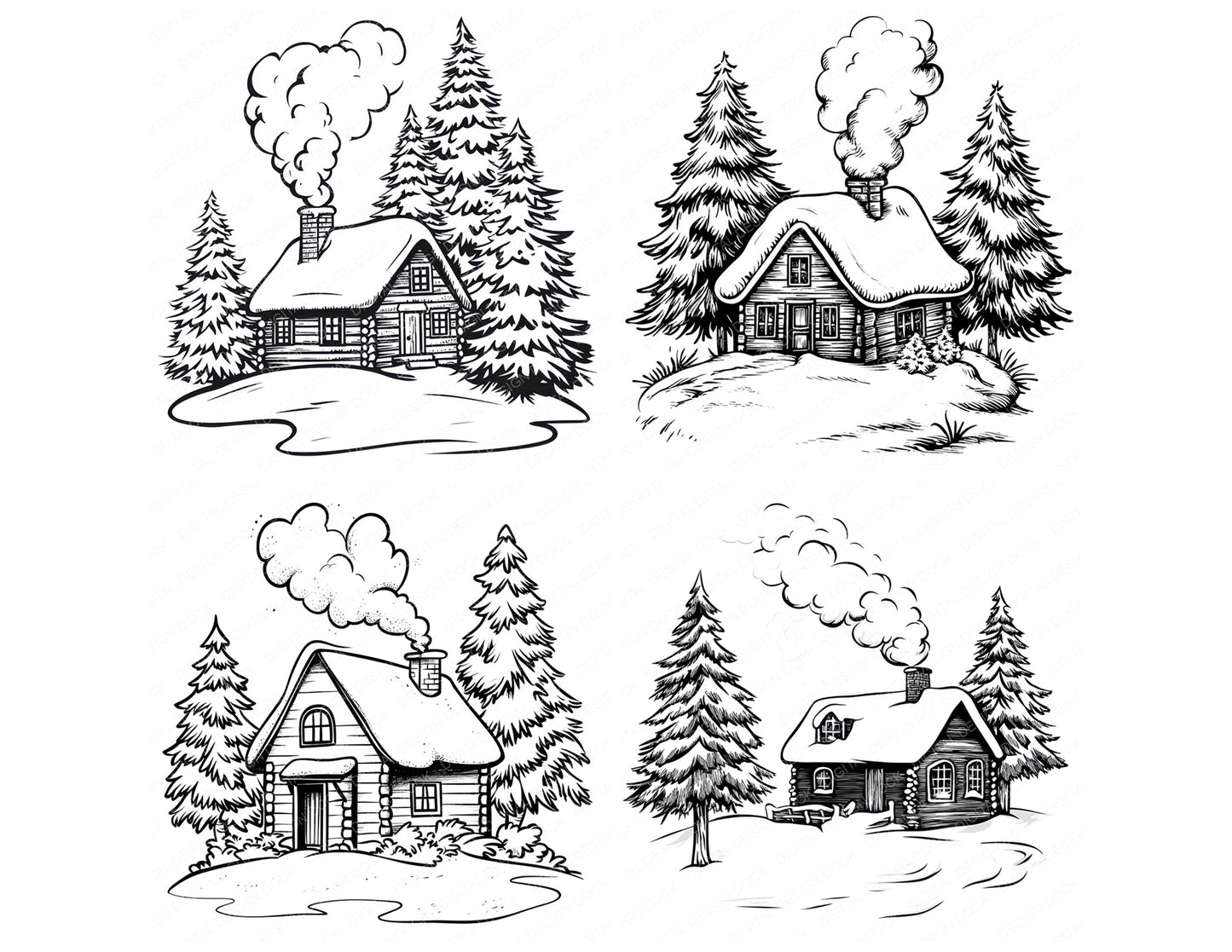 Close view of Winter Cabin Colouring Page clipart highlighting illustration detail and cohesive colour tones