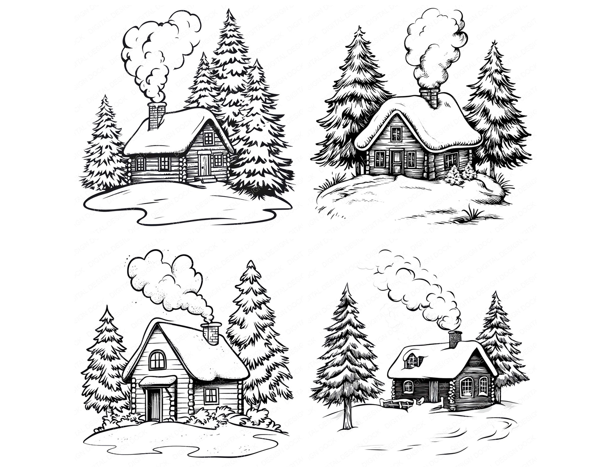 Close view of Winter Cabin Colouring Page clipart highlighting illustration detail and cohesive colour tones