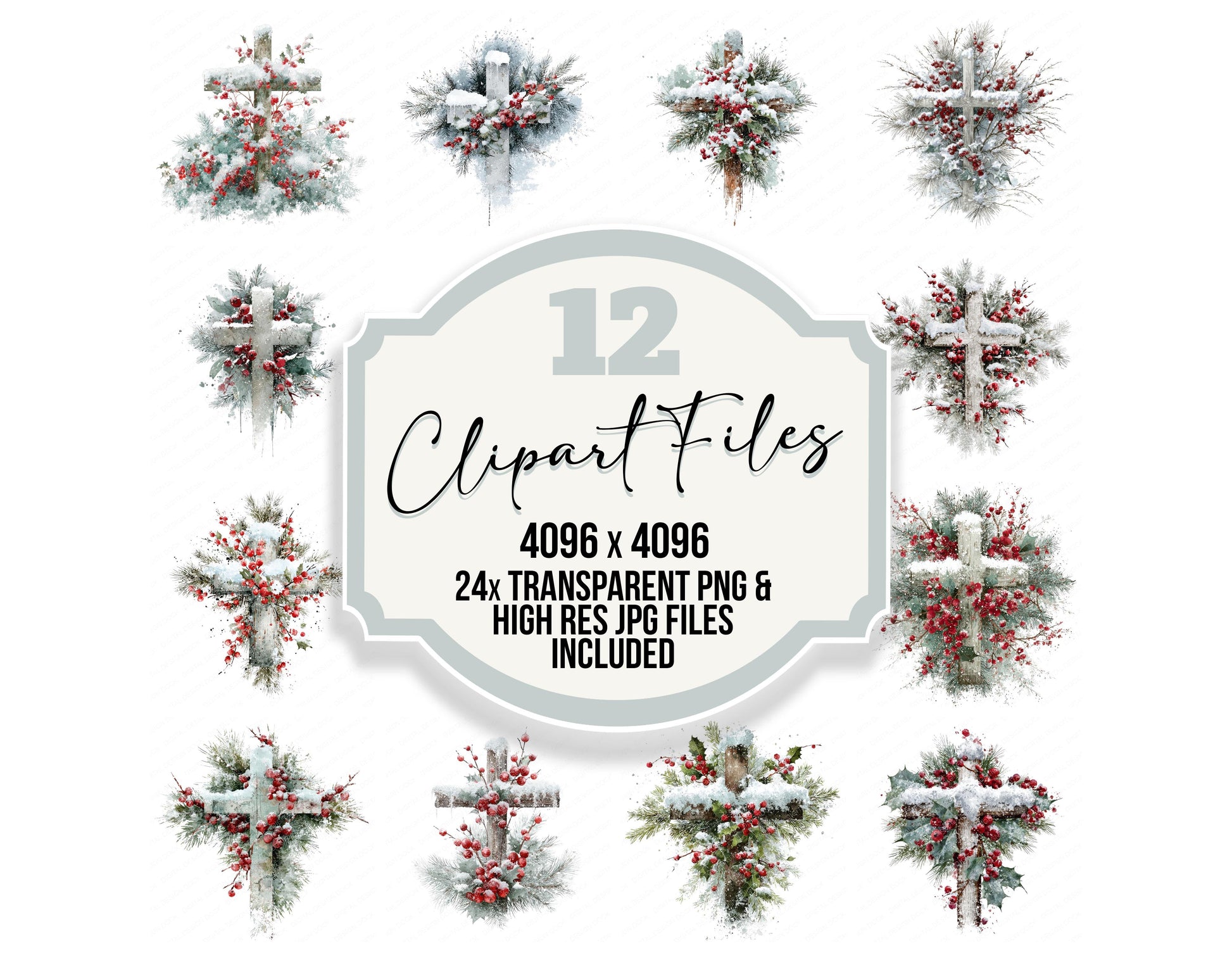 Winter Cross with Snow and Pine clipart set with transparent PNGs and high resolution JPGs for crafting and design projects