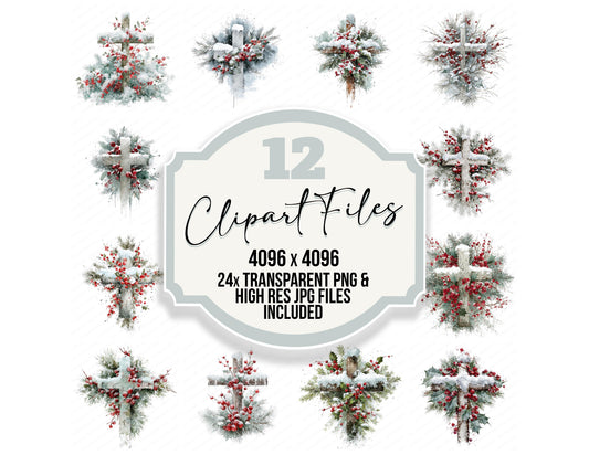 Winter Cross with Snow and Pine clipart set with transparent PNGs and high resolution JPGs for crafting and design projects