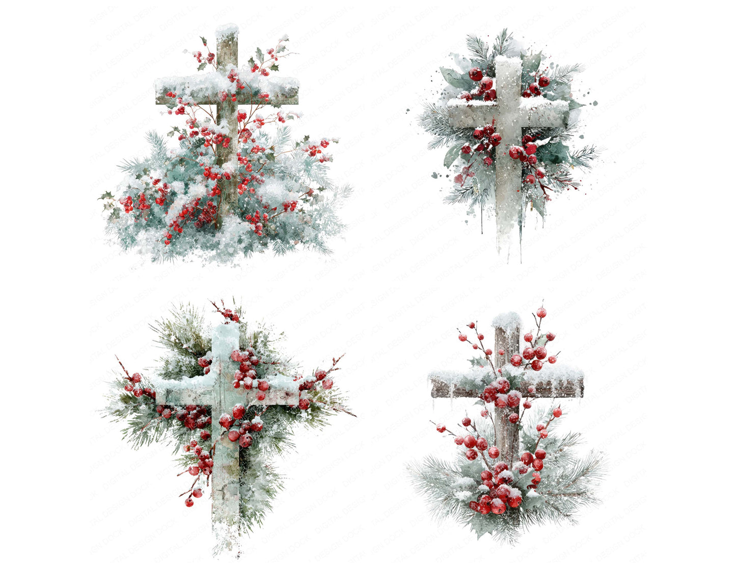 Preview layout showing Winter Cross with Snow and Pine clipart elements for scrapbooking, junk journals, and card making