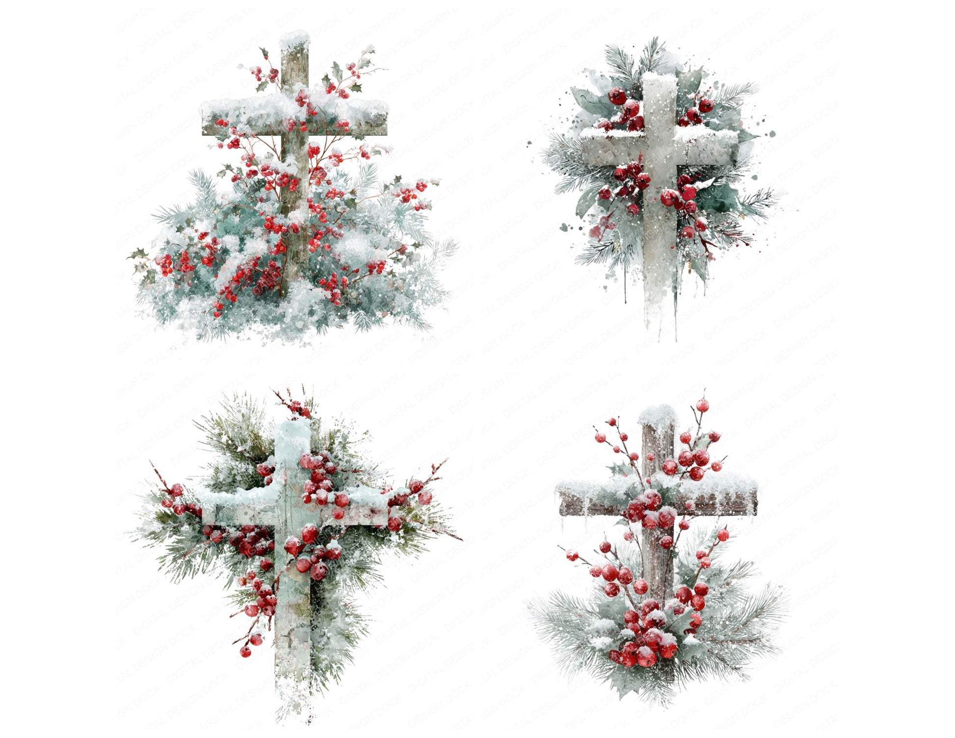 Preview layout showing Winter Cross with Snow and Pine clipart elements for scrapbooking, junk journals, and card making