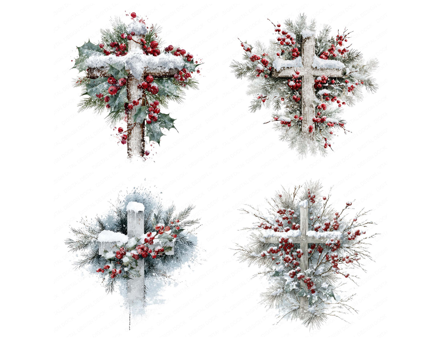 Close view of Winter Cross with Snow and Pine clipart highlighting illustration detail and cohesive colour tones