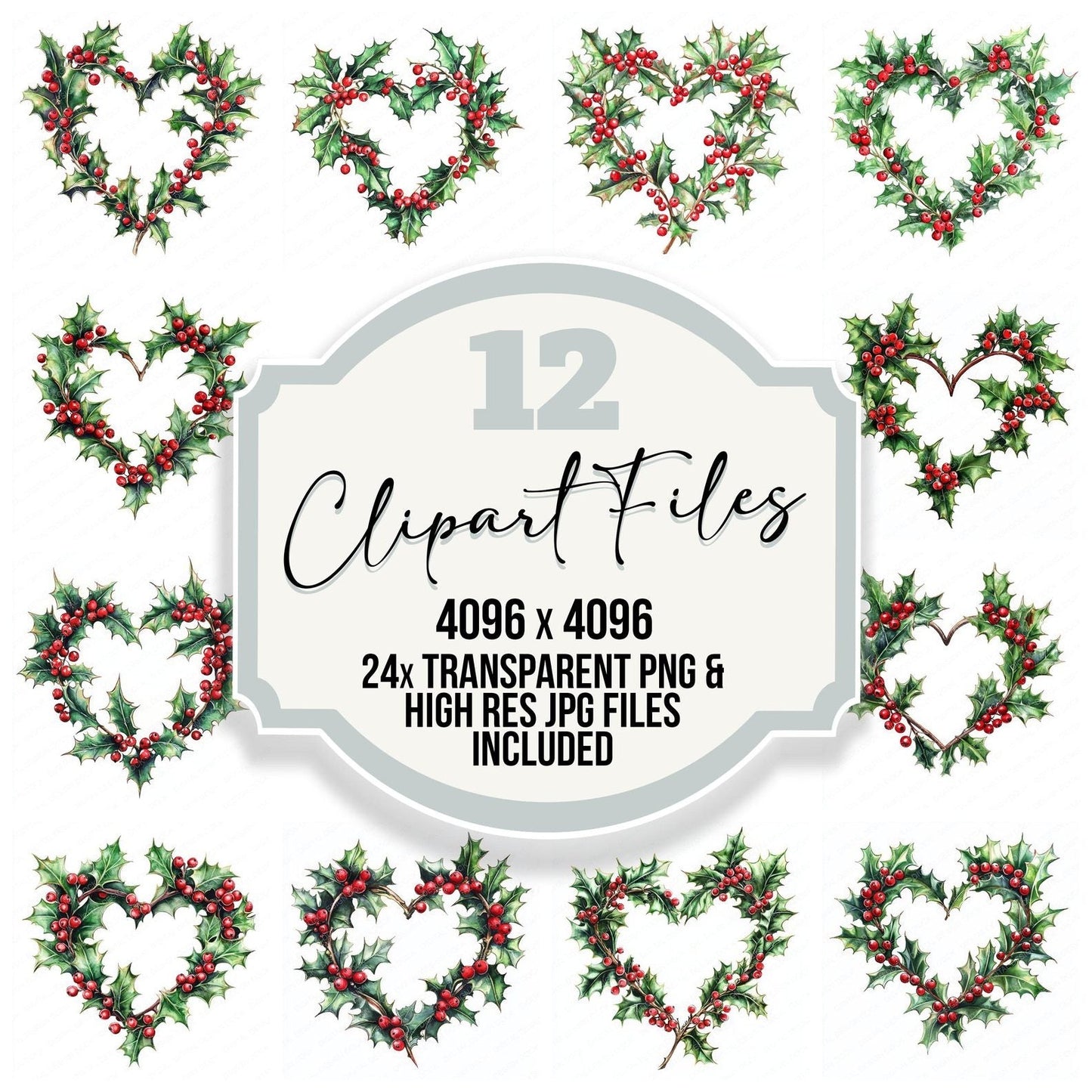 Winter Holly Heart Shape Watercolour Clipart Set (DDD007524)