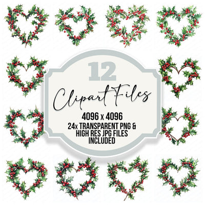 Winter Holly Heart Shape Watercolour Clipart Set (DDD007524)