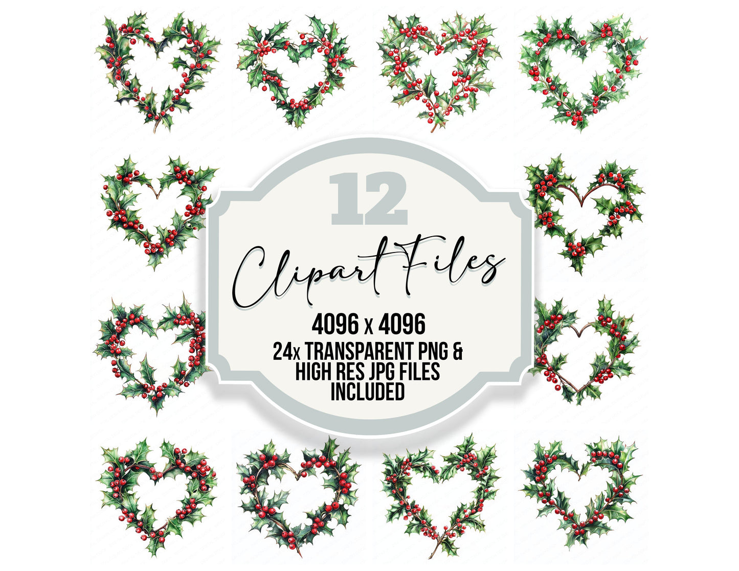 Winter Holly Heart Shape Watercolour clipart set with transparent PNGs and high resolution JPGs for crafting and design projects