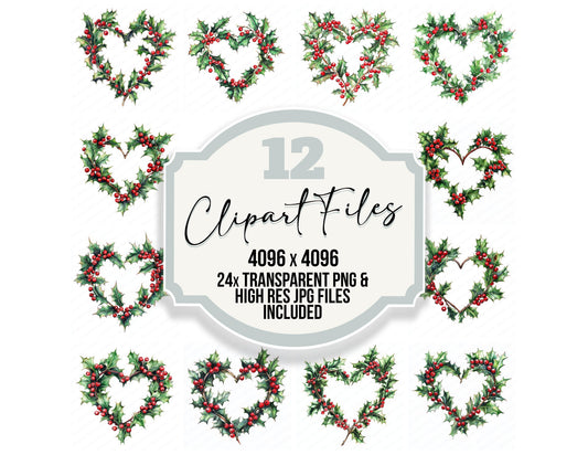 Winter Holly Heart Shape Watercolour clipart set with transparent PNGs and high resolution JPGs for crafting and design projects
