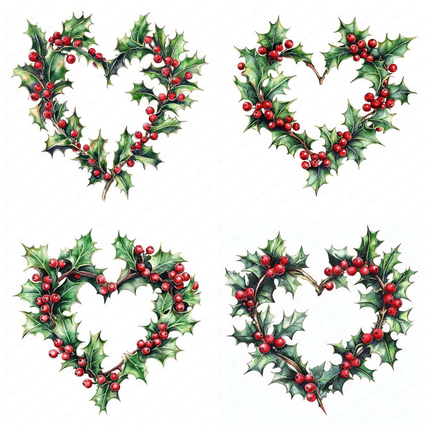 Winter Holly Heart Shape Watercolour Clipart Set (DDD007524)