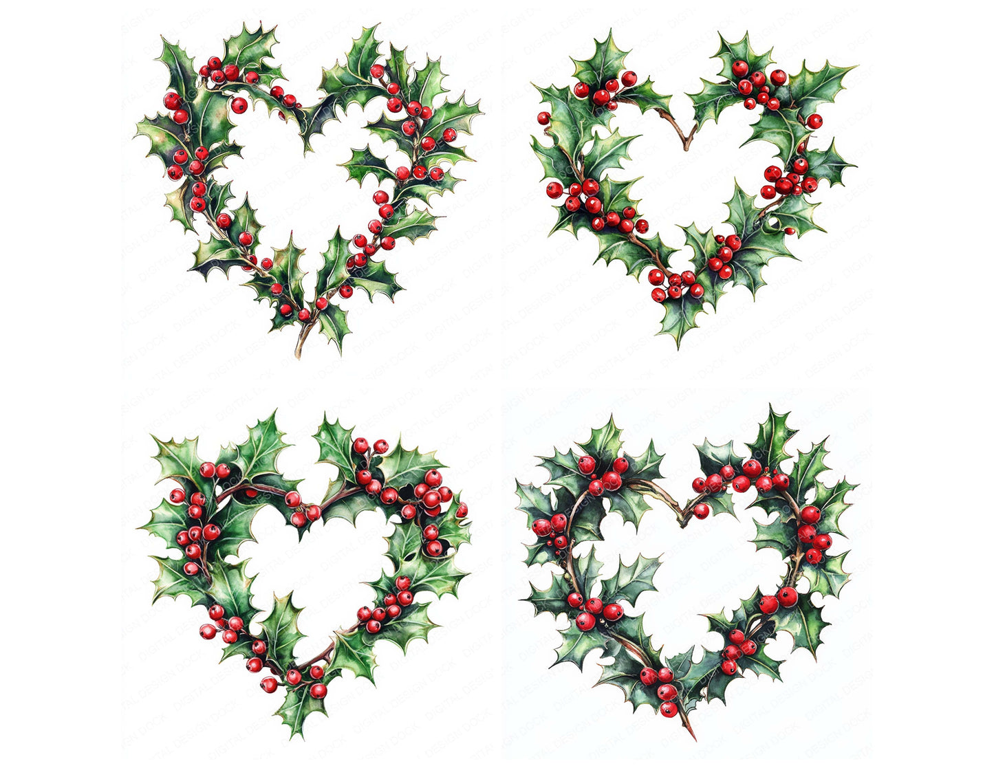 Preview layout showing Winter Holly Heart Shape Watercolour clipart elements for scrapbooking, junk journals, and card making