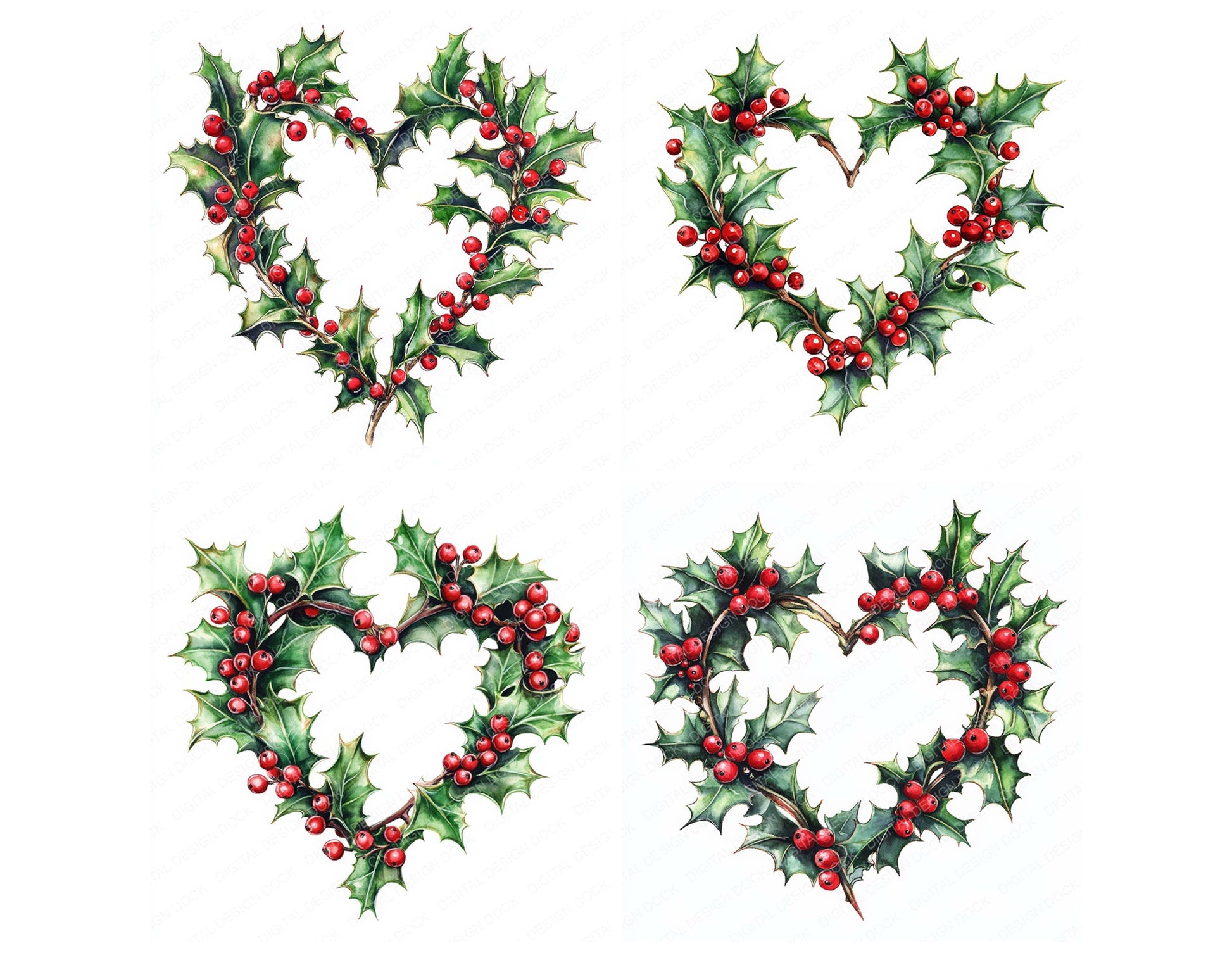 Preview layout showing Winter Holly Heart Shape Watercolour clipart elements for scrapbooking, junk journals, and card making