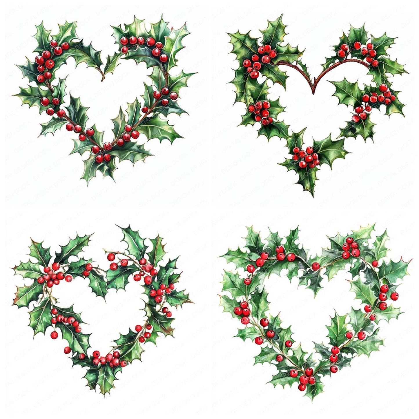 Winter Holly Heart Shape Watercolour Clipart Set (DDD007524)