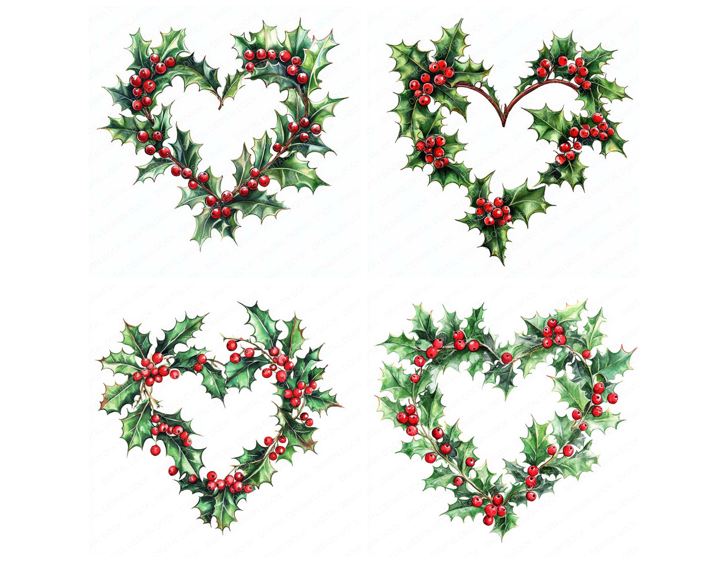 Close view of Winter Holly Heart Shape Watercolour clipart highlighting illustration detail and cohesive colour tones