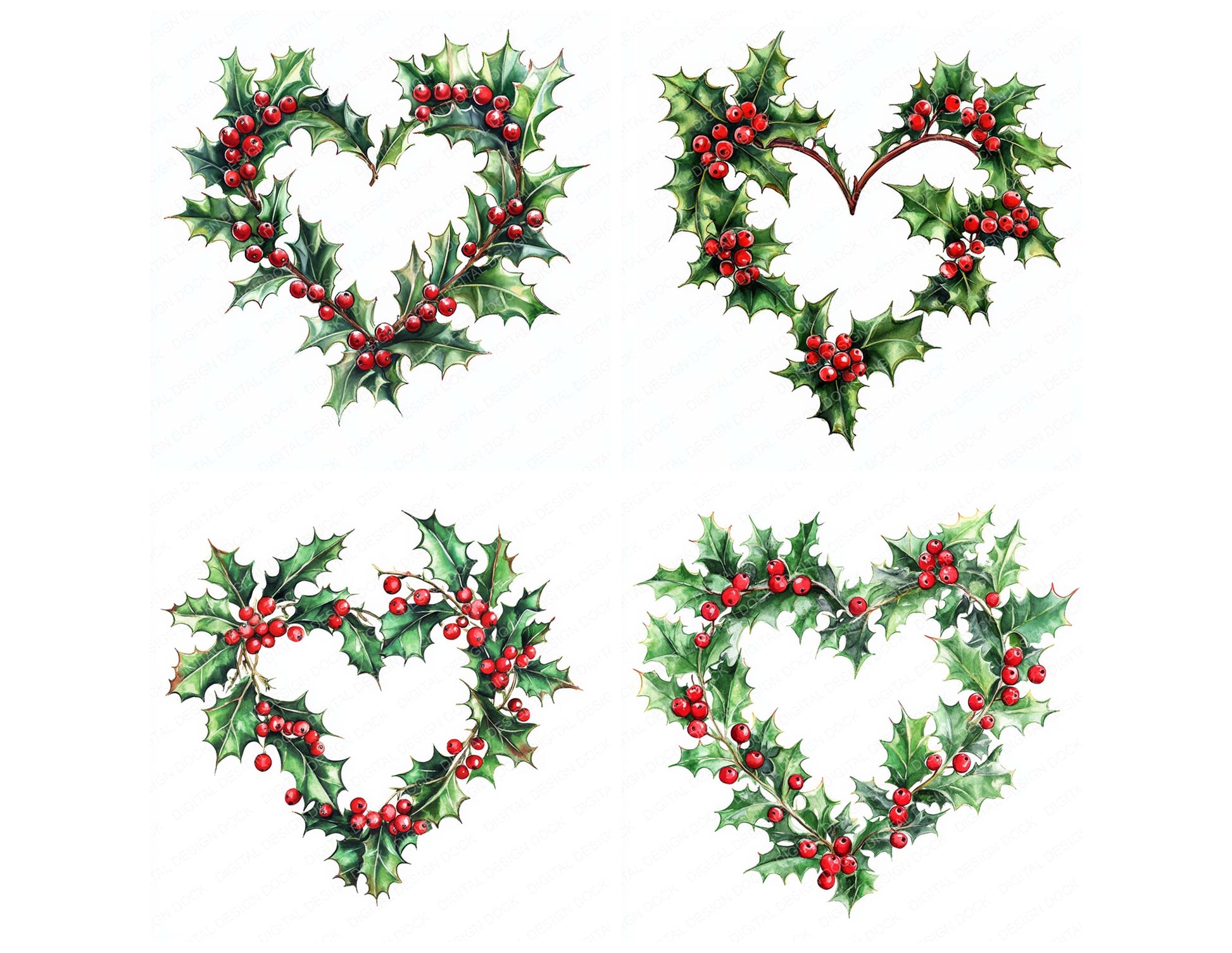 Close view of Winter Holly Heart Shape Watercolour clipart highlighting illustration detail and cohesive colour tones
