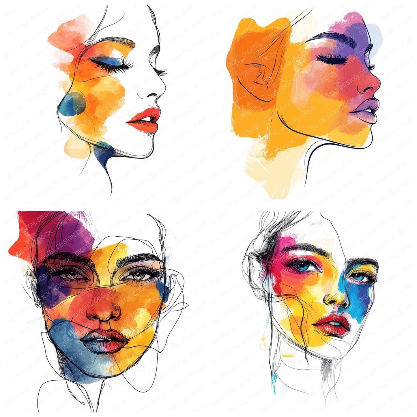 Woman Face Line Art Bold Clipart Set (DDD007540)