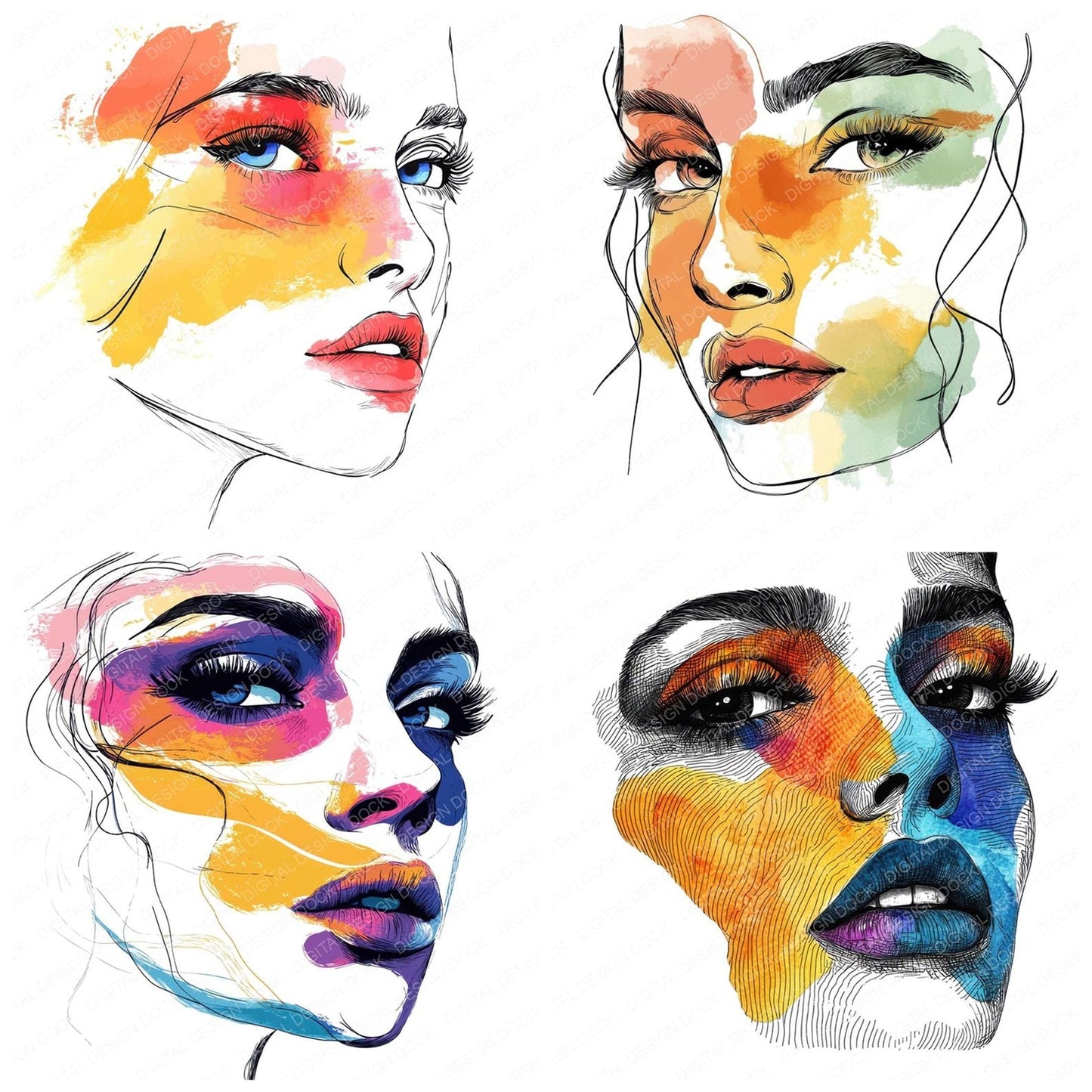 Woman Face Line Art Bold Clipart Set (DDD007540)