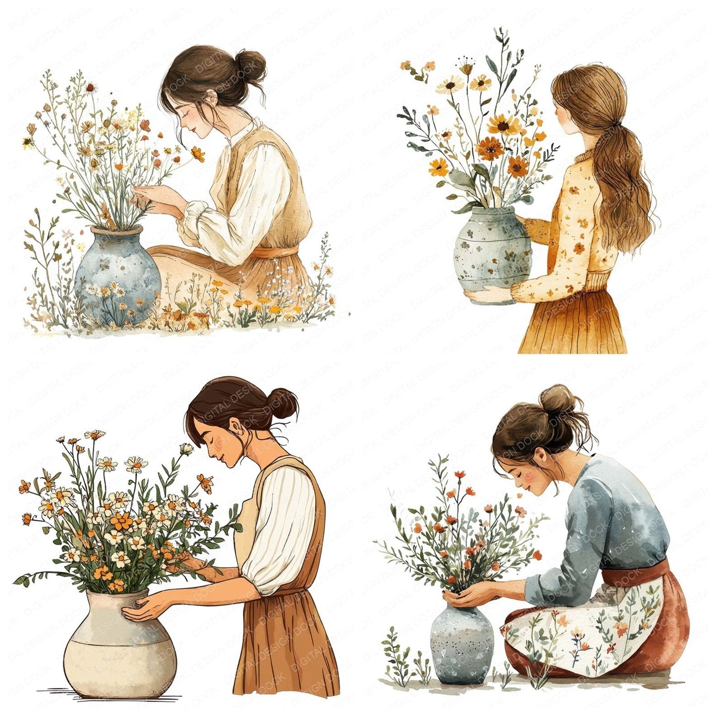 Woman Flower Arranging Clipart Set (DDD007542)