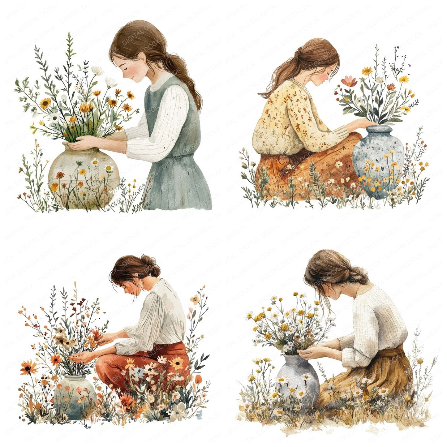 Woman Flower Arranging Clipart Set (DDD007542)