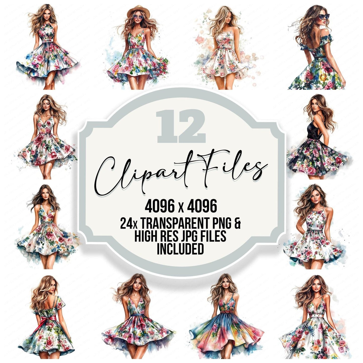 Woman in Floral Dress Clipart Set (DDD007544)