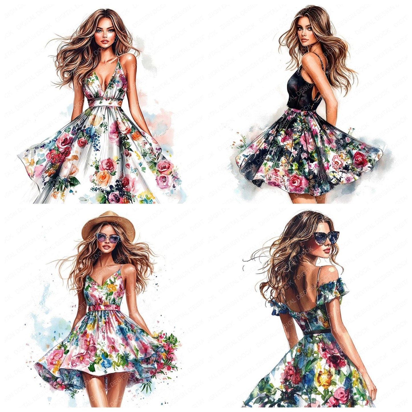 Woman in Floral Dress Clipart Set (DDD007544)