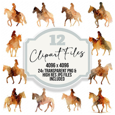 Woman on Horse Silhouette clipart set cover showing the designs and file details
