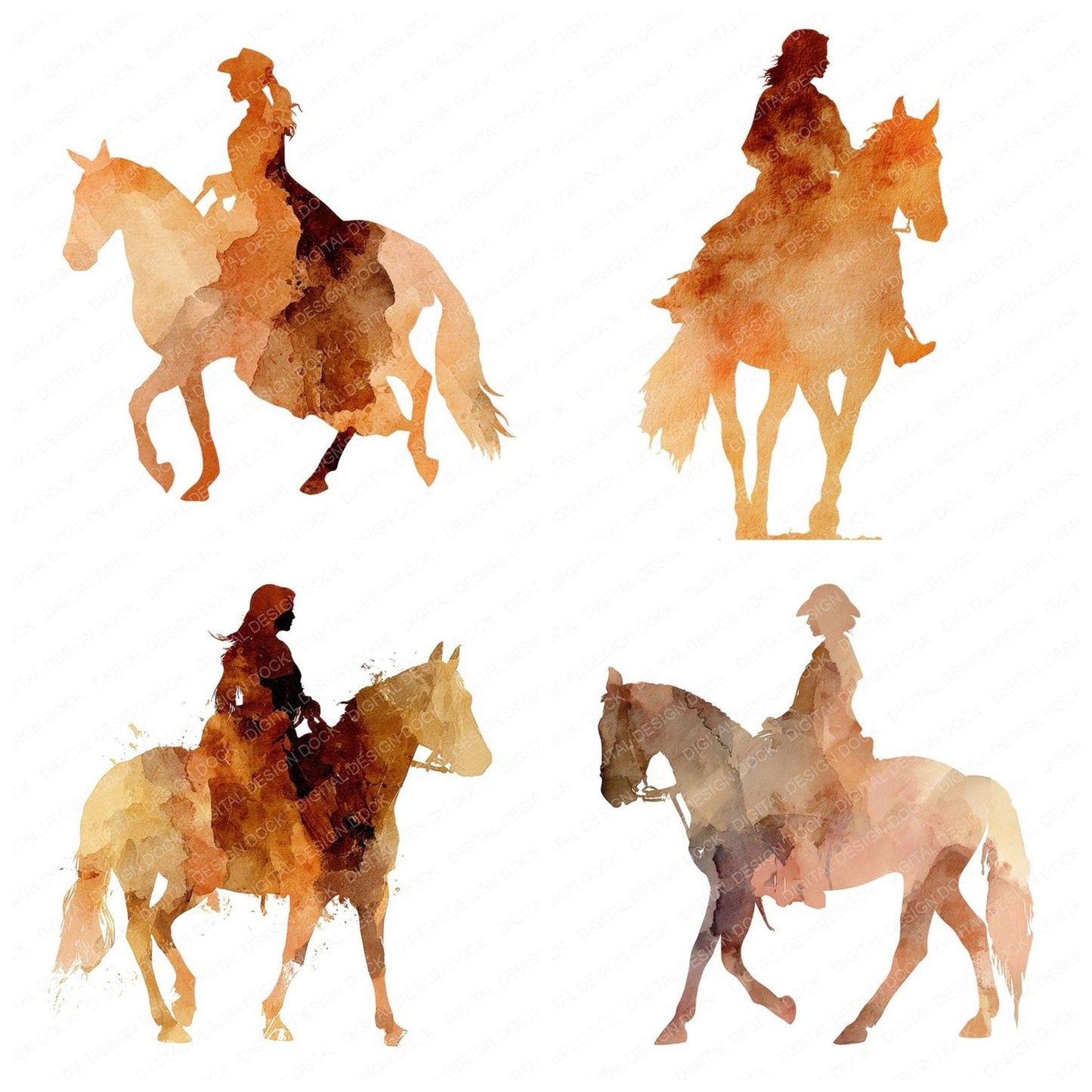 Woman on Horse Silhouette Clipart Set (DDD007550)