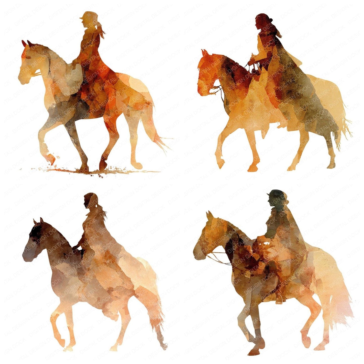 Woman on Horse Silhouette Clipart Set (DDD007550)