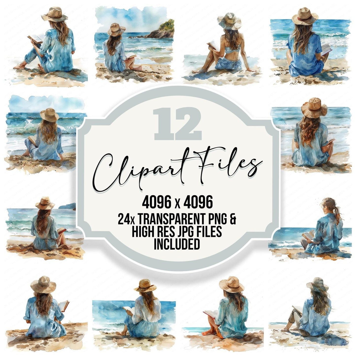 Woman Reading Book on Beach Clipart Set (DDD007554)