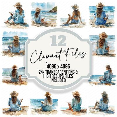 Woman Reading Book on Beach Clipart Set (DDD007554)