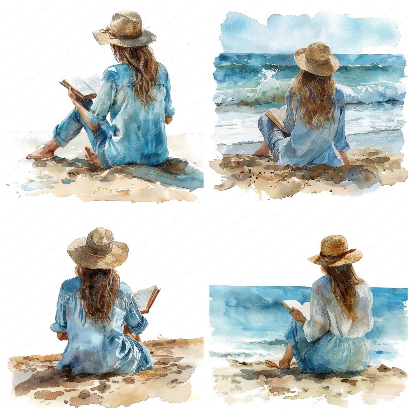 Woman Reading Book on Beach Clipart Set (DDD007554)