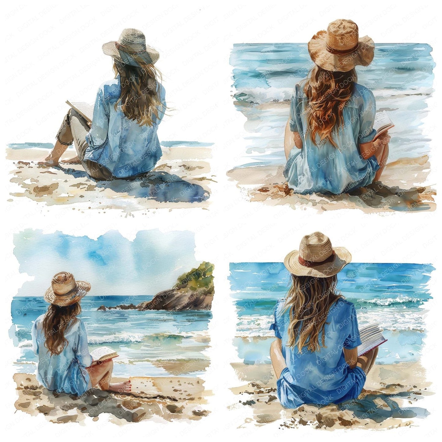 Woman Reading Book on Beach Clipart Set (DDD007554)