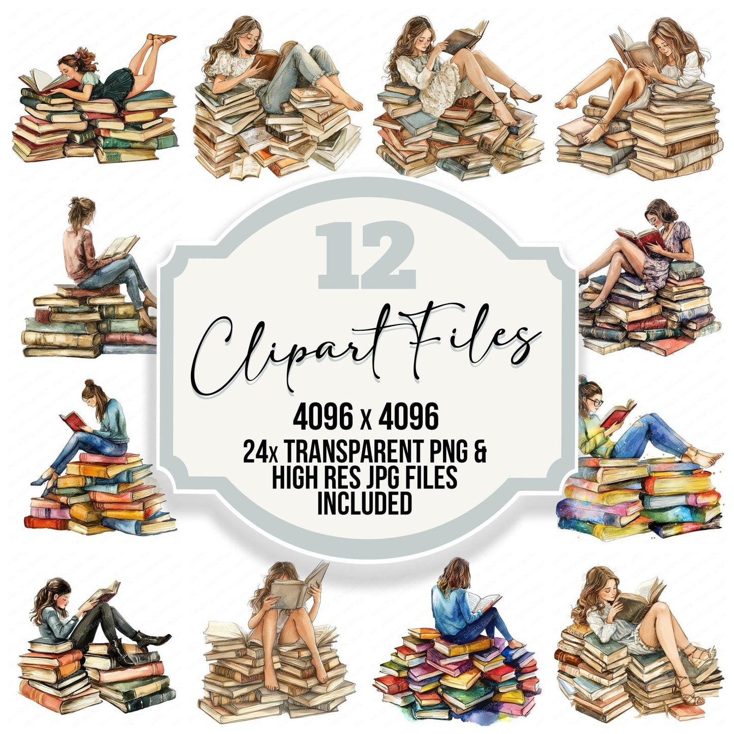 Woman Reading Pile of Books Clipart Set (DDD007555)