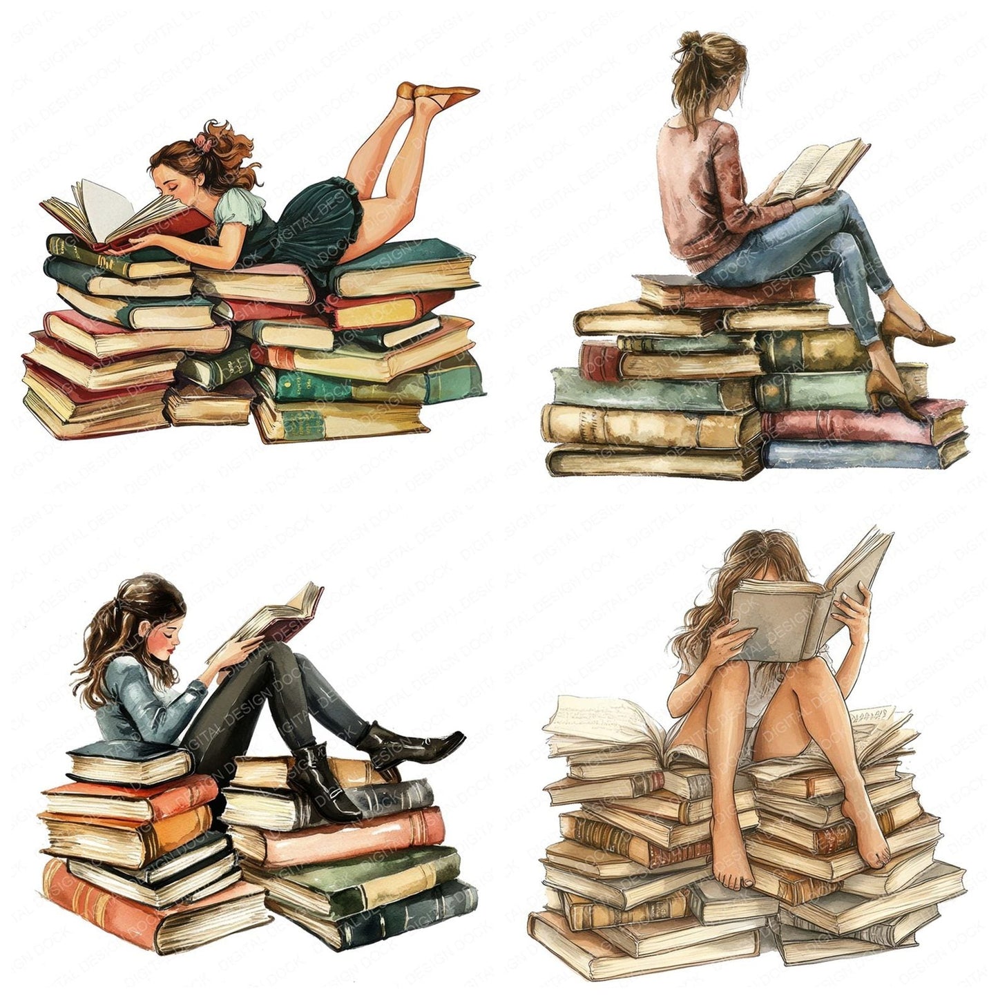 Woman Reading Pile of Books Clipart Set (DDD007555)