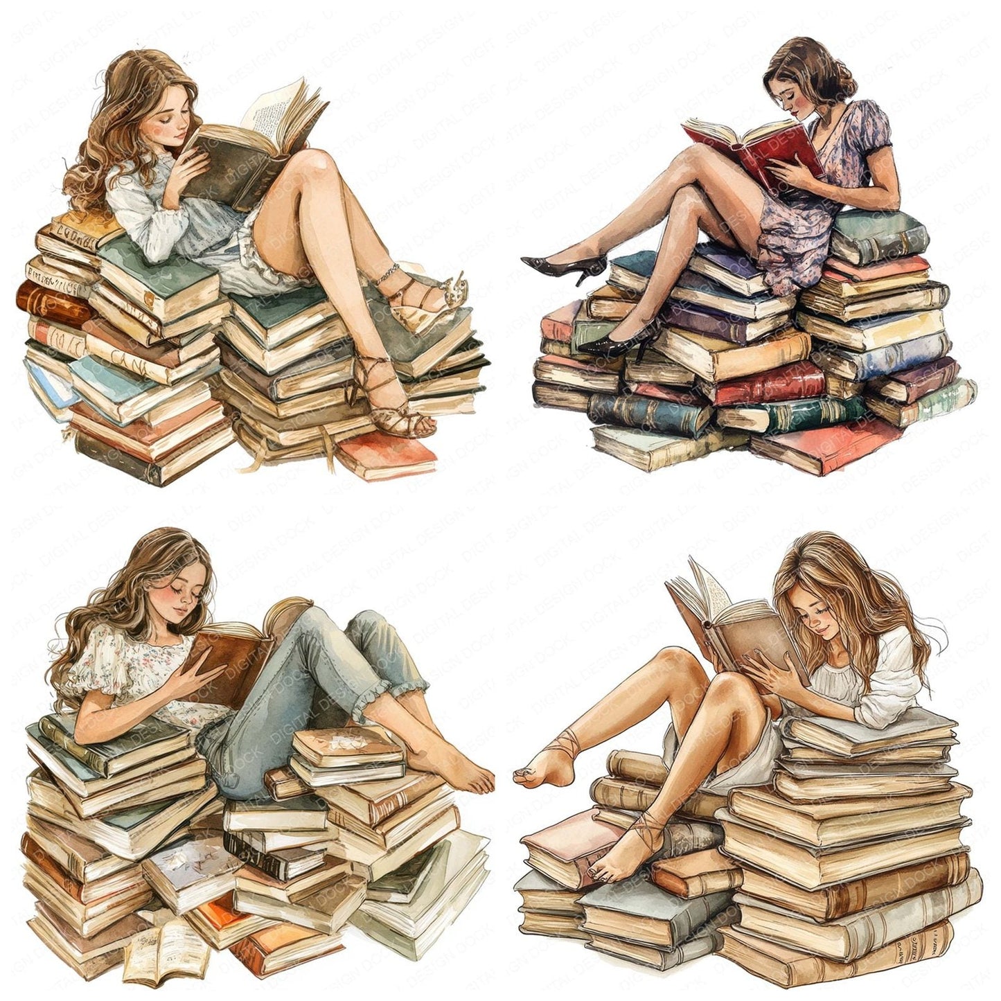 Woman Reading Pile of Books Clipart Set (DDD007555)