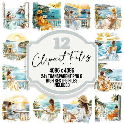 Woman Sea View Reading Clipart Set (DDD007557)