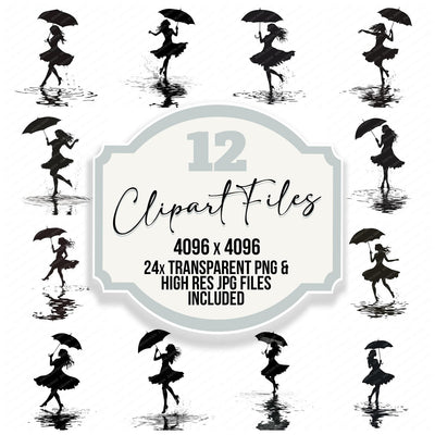 Woman Silhouette Dancing in Rain clipart set cover showing the designs and file details