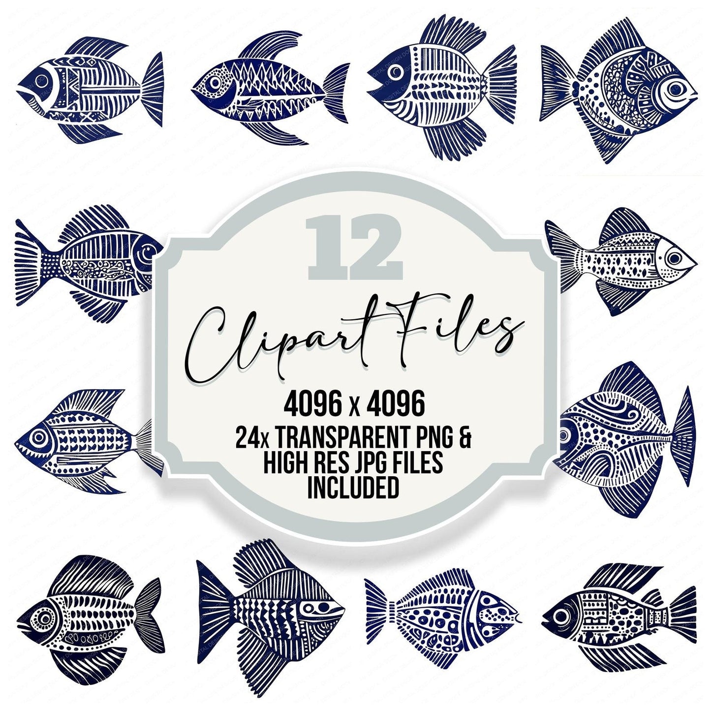 Woodblock Print Tribal Fish Clipart Set (DDD007568)