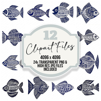 Woodblock Print Tribal Fish Clipart Set (DDD007568)