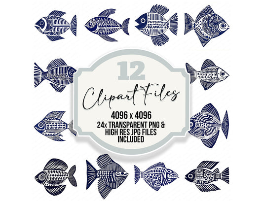 Woodblock Print Tribal Fish Clipart Set (DDD007568)