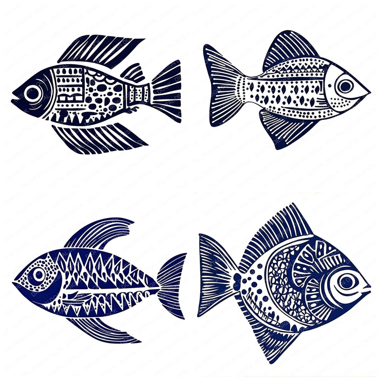 Woodblock Print Tribal Fish Clipart Set (DDD007568)