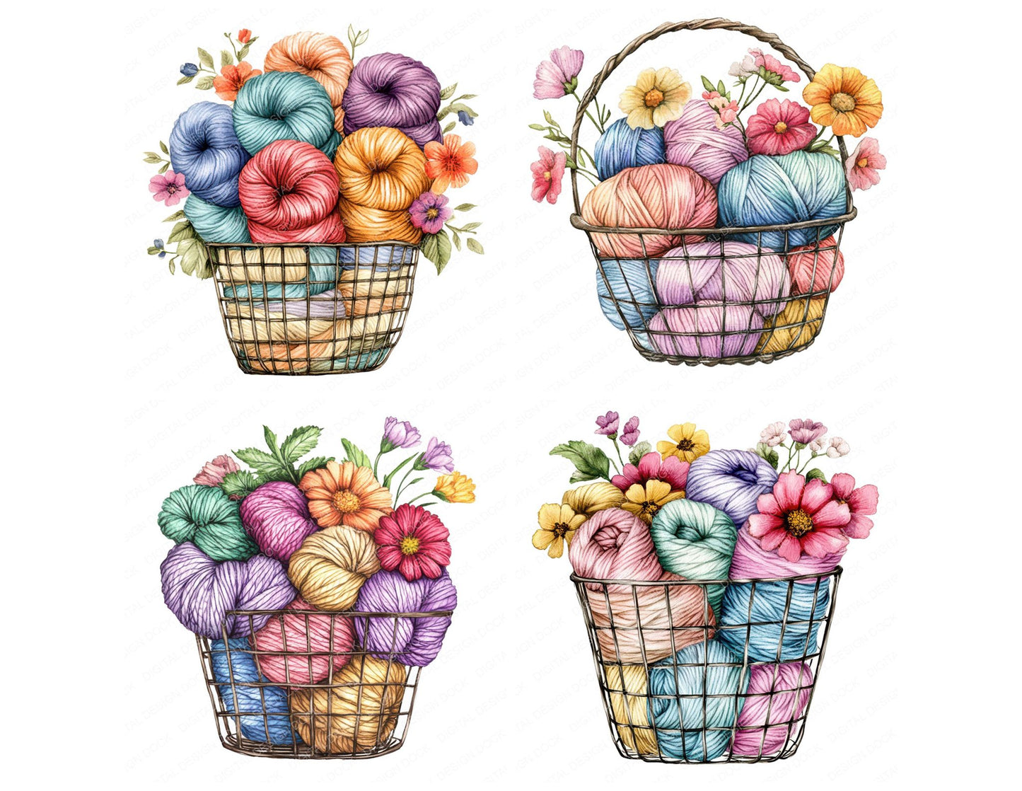 Wool Basket with Florals Clipart Set (DDD007586)