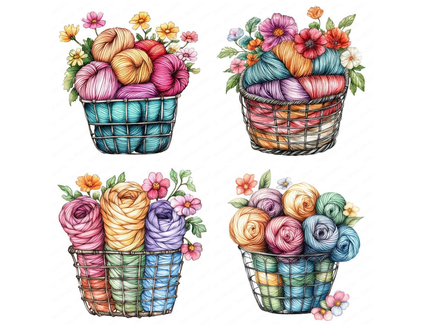 Wool Basket with Florals Clipart Set (DDD007586)