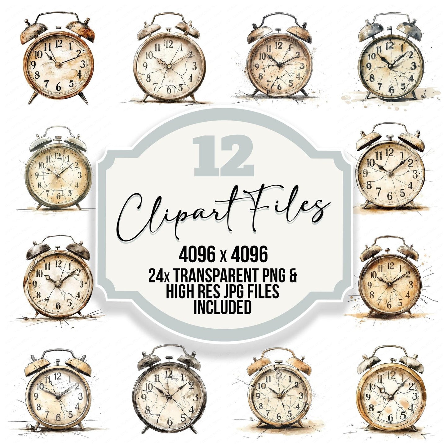 Worn Vintage Alarm Clock Clipart Set (DDD007593)