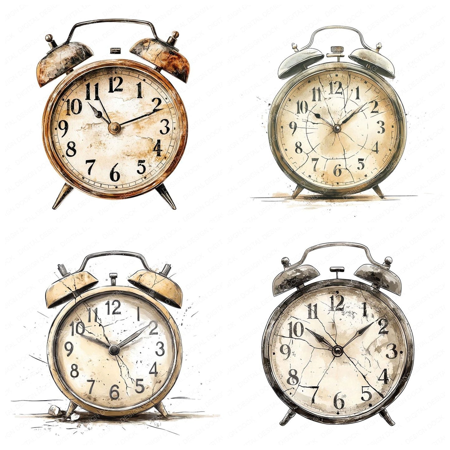 Worn Vintage Alarm Clock Clipart Set (DDD007593)