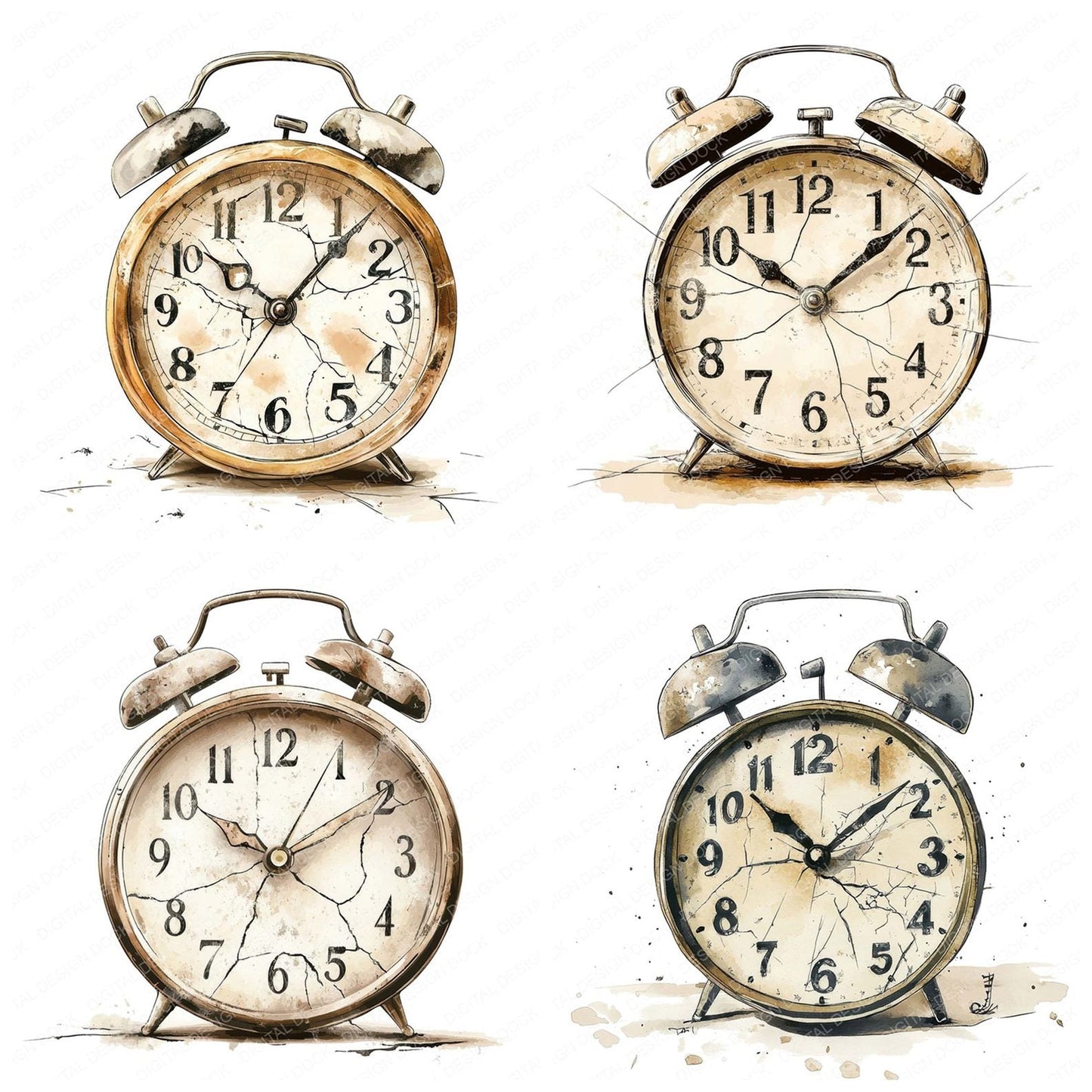 Worn Vintage Alarm Clock Clipart Set (DDD007593)