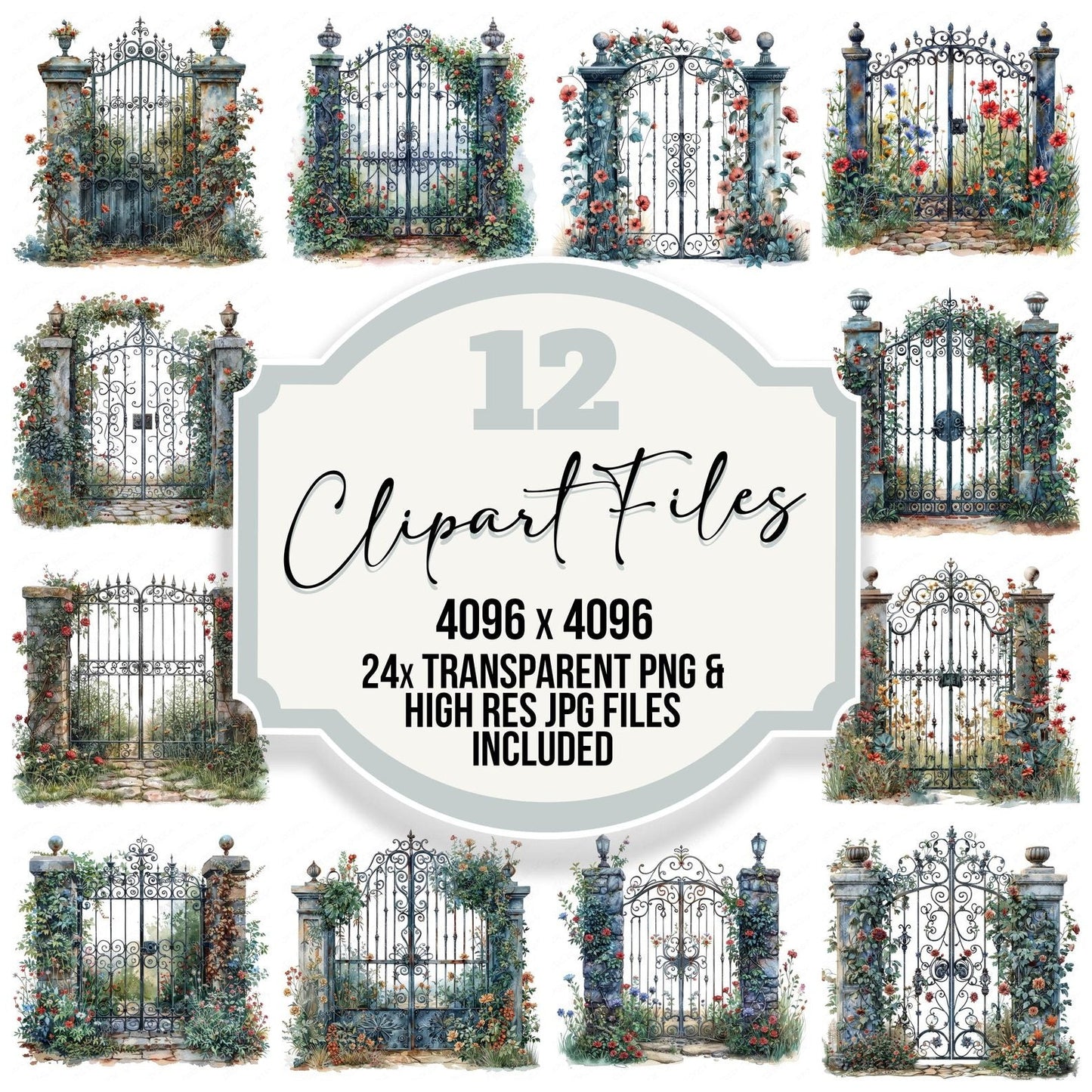 Wrought Iron Ornate Garden Gate Clipart Set (DDD007598)