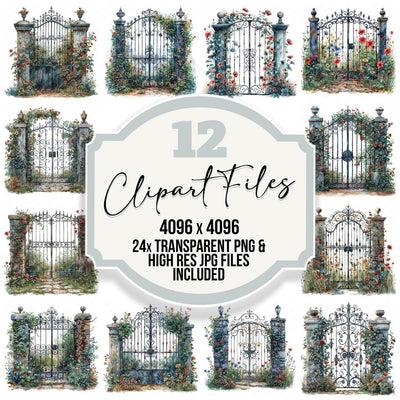 Wrought Iron Ornate Garden Gate clipart set cover showing the designs and file details